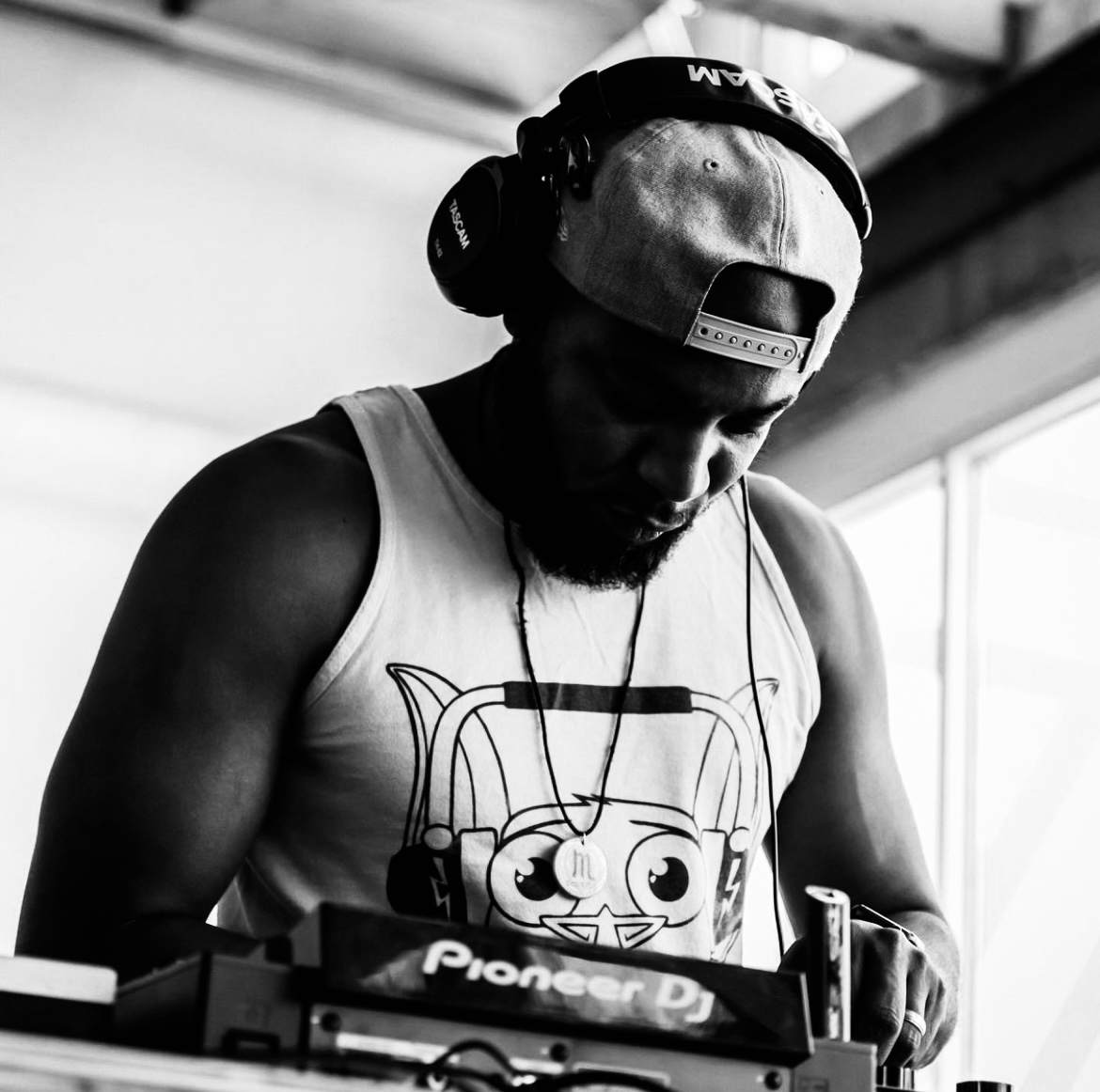 Black and white photo of DJ Daddy Bug